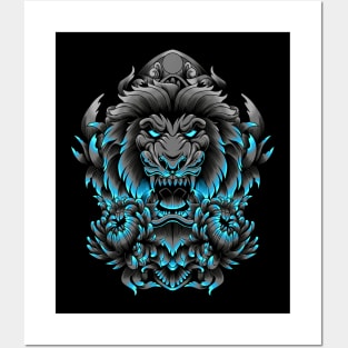 angry lion with flower and ornaments Posters and Art